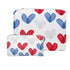 Two Zipper Pouches with Red White Blue Heart Print on White Background