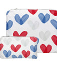 Two Zipper Pouches with Red White Blue Heart Print on White Background