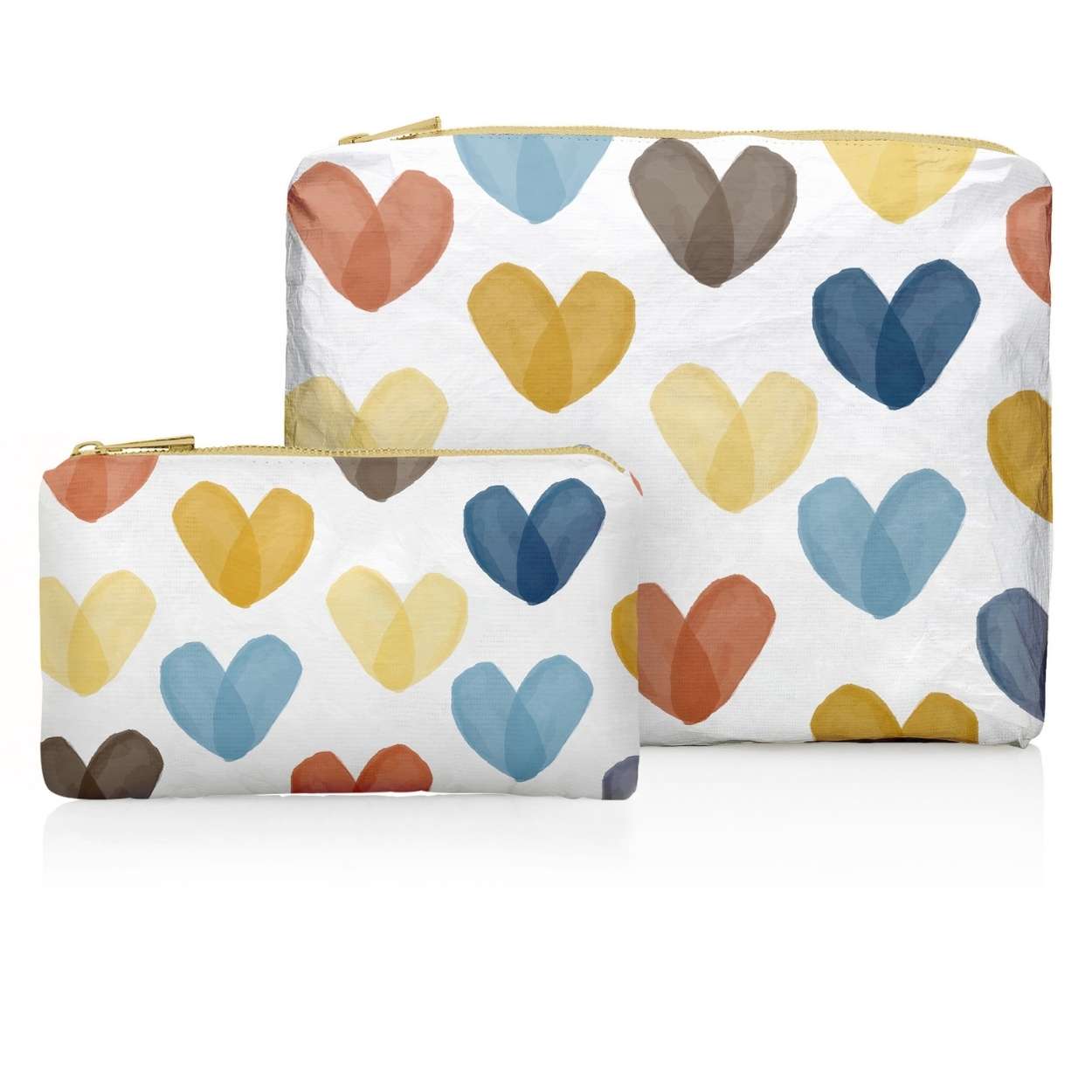 Two pouches with colorful heart pattern on a white background