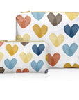 Two pouches with colorful heart pattern on a white background