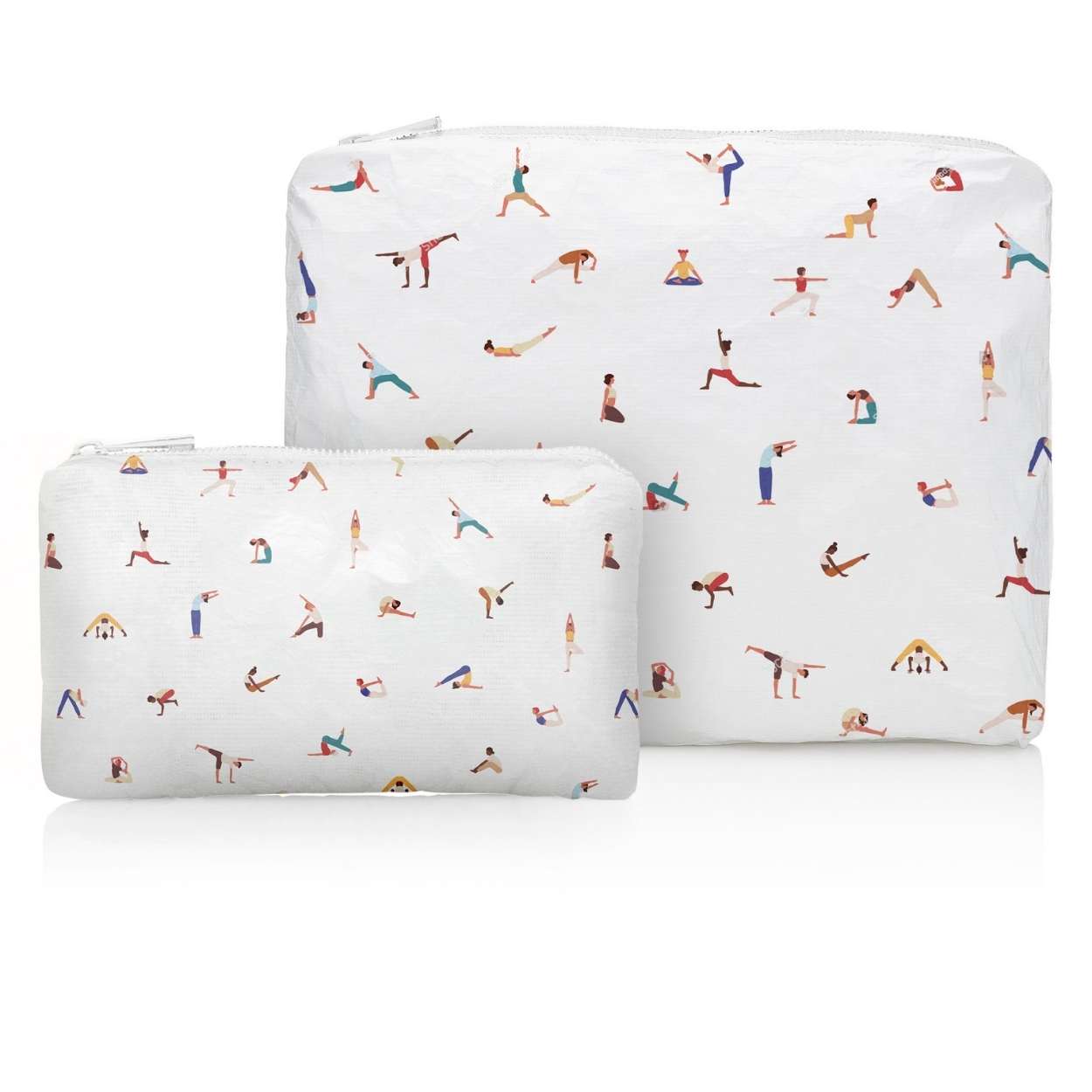 Set of two zipper pouches in namaste yoga pattern on white background