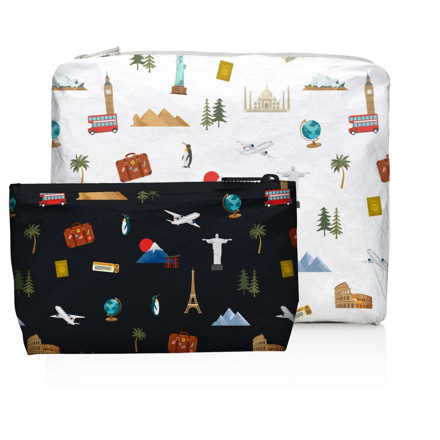 Two travel-themed pouches, one black with world landmarks and one white with travel icons, on a white background.