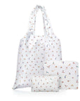 White reusable tote bag and zipper pouches with colorful yoga pose print on a white background