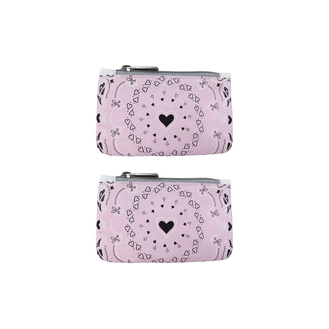 Two pink coin purses with black and pink heart bandana print on a white background