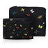 Two black pouches with colorful butterfly patterns on a white background