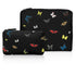 Two black pouches with colorful butterfly pattern on a white background