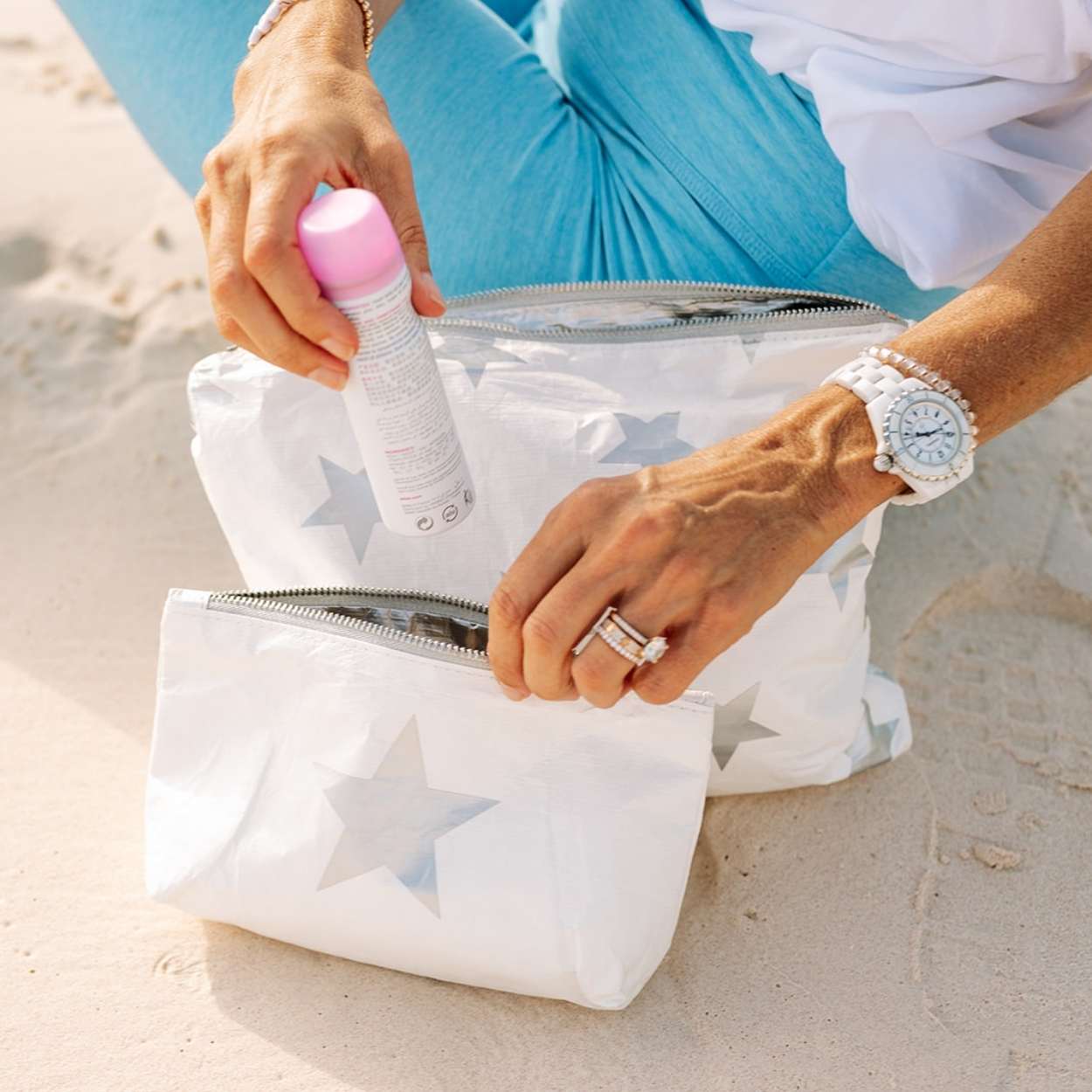 Zipper Pouch Set of Two  in Shimmer White with Silver Stars for Beach Essentials