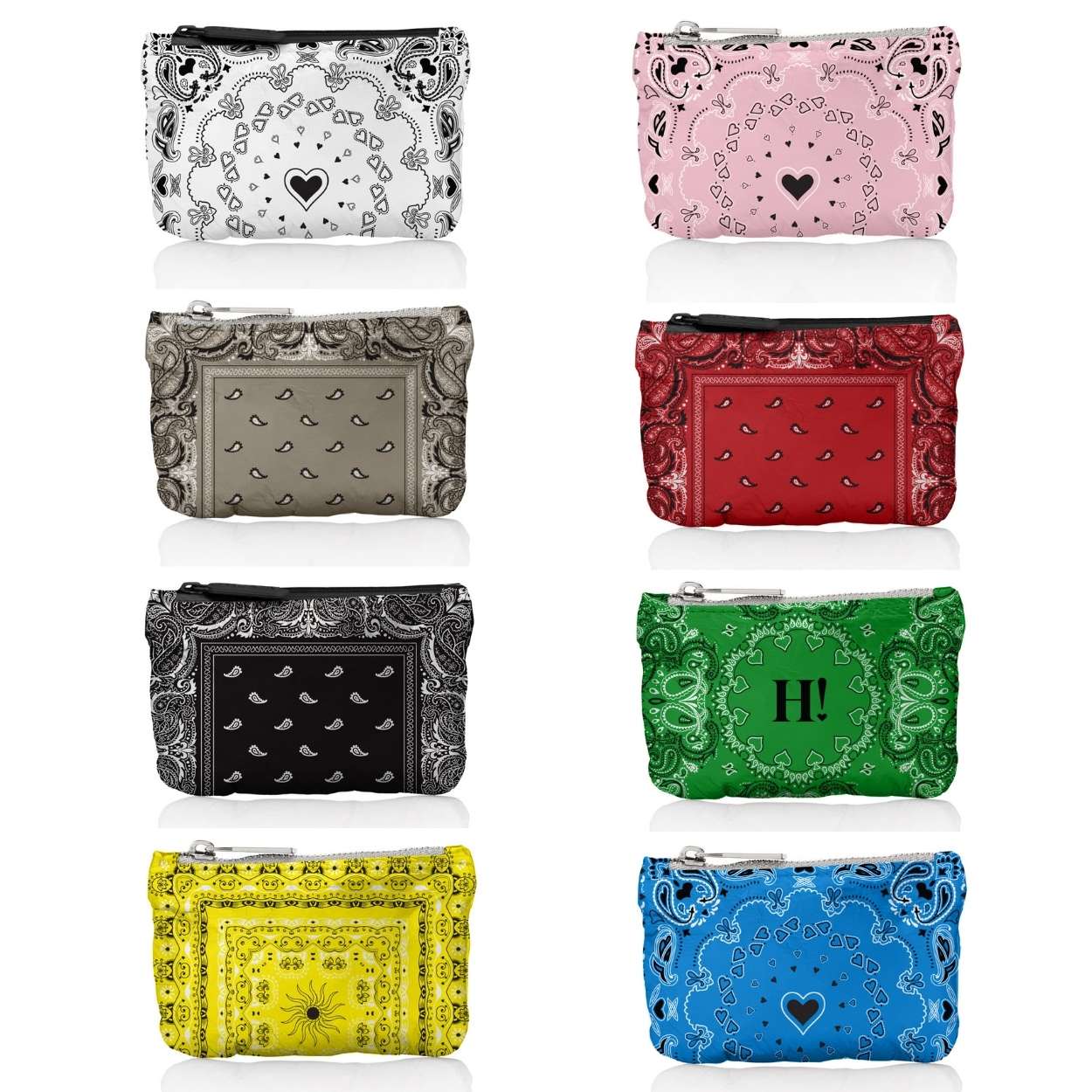 Collection of various bandana patterned coin purses on a white background