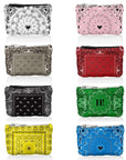Collection of various bandana patterned coin purses on a white background