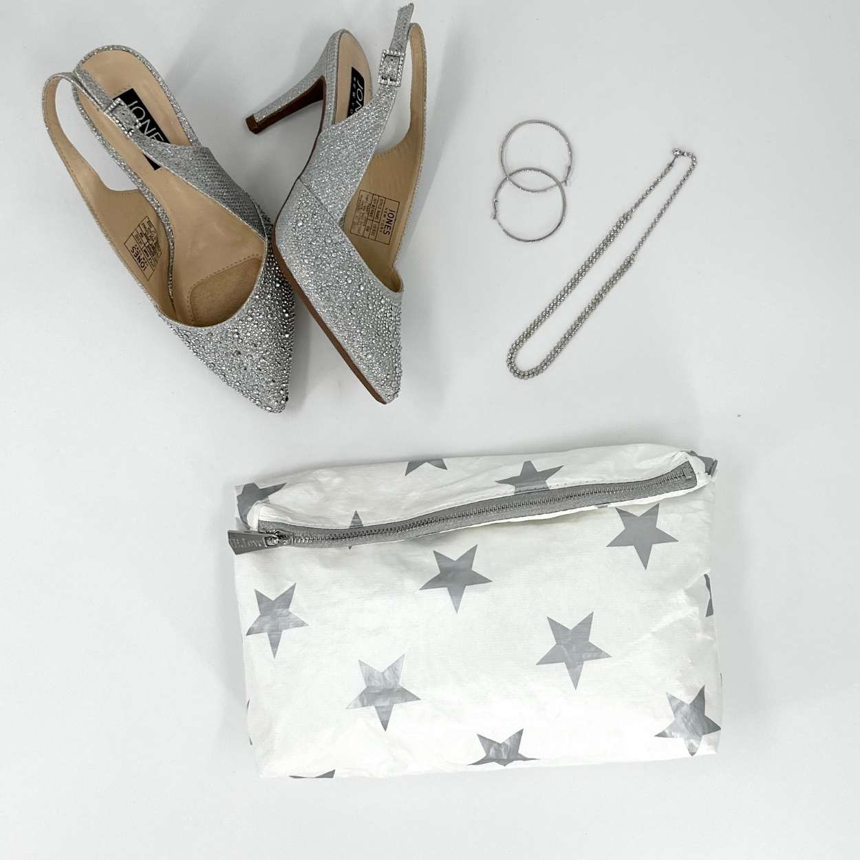 White with Silver Stars Clutch Bag with silver shoes and jewelry
