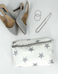White with Silver Stars Clutch Bag with silver shoes and jewelry