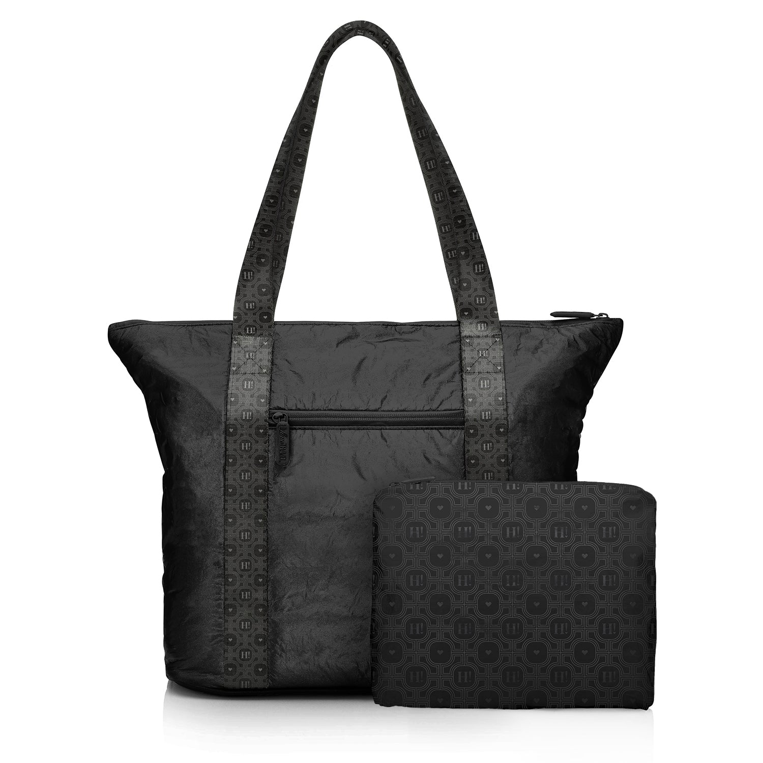 Black signature travel tote with a matching  medium zip pouch in back, both featuring the signature striped and printed pattern.