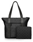 Black signature travel tote with a matching  medium zip pouch in back, both featuring the signature striped and printed pattern.
