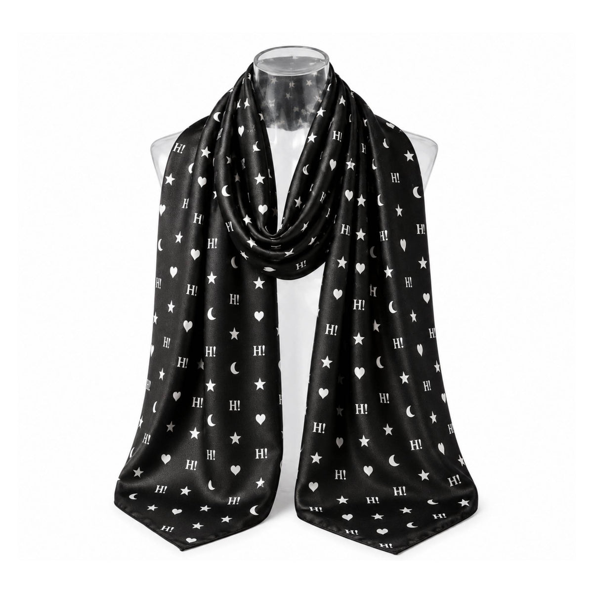 Signature Silk Scarf in black featuring the exclusive Signature Hi Print with hearts, moons, stars, and H! icons on white background