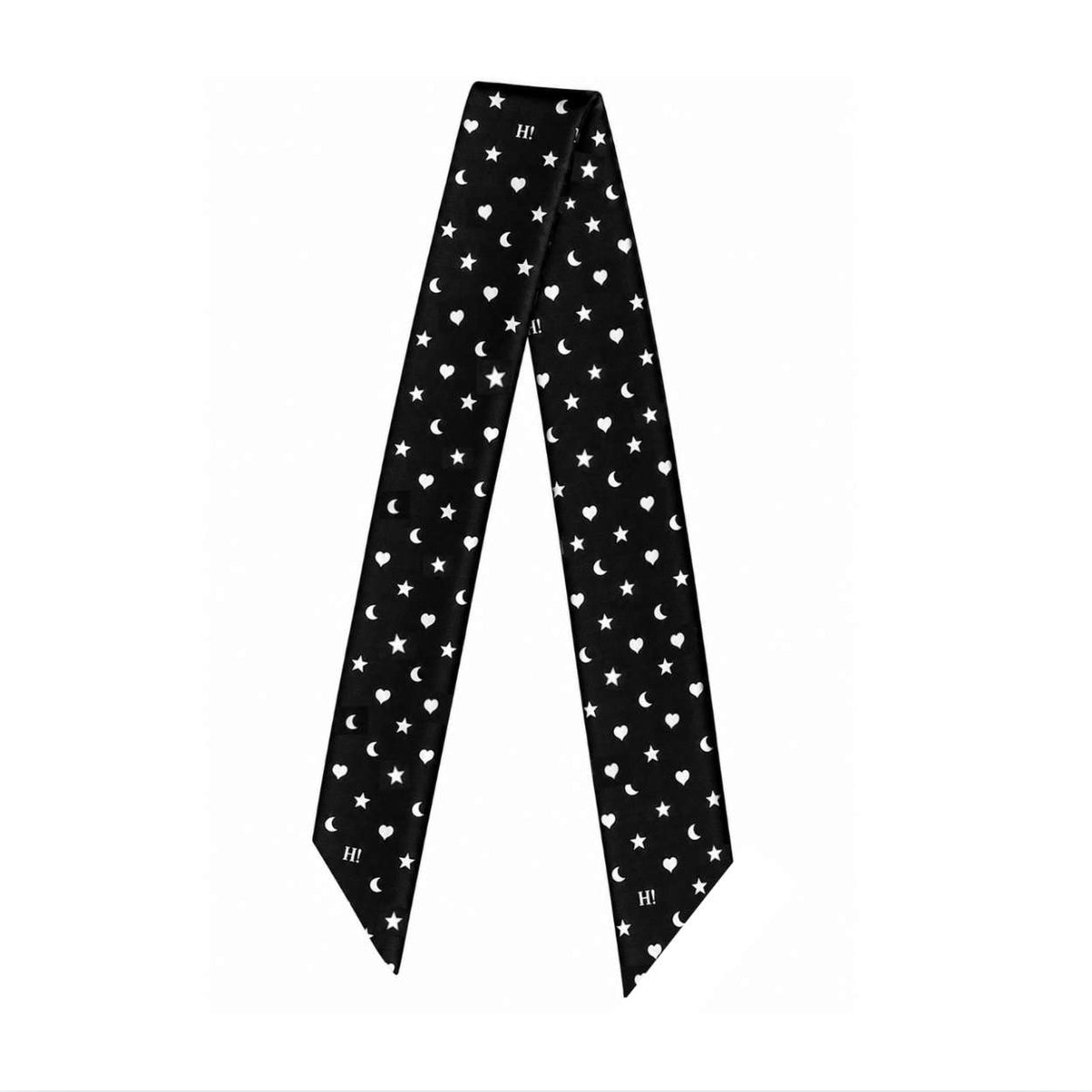 A black neck scarf with a repeating pattern of white hearts, stars and crescent moons, laid flat against a solid white background.