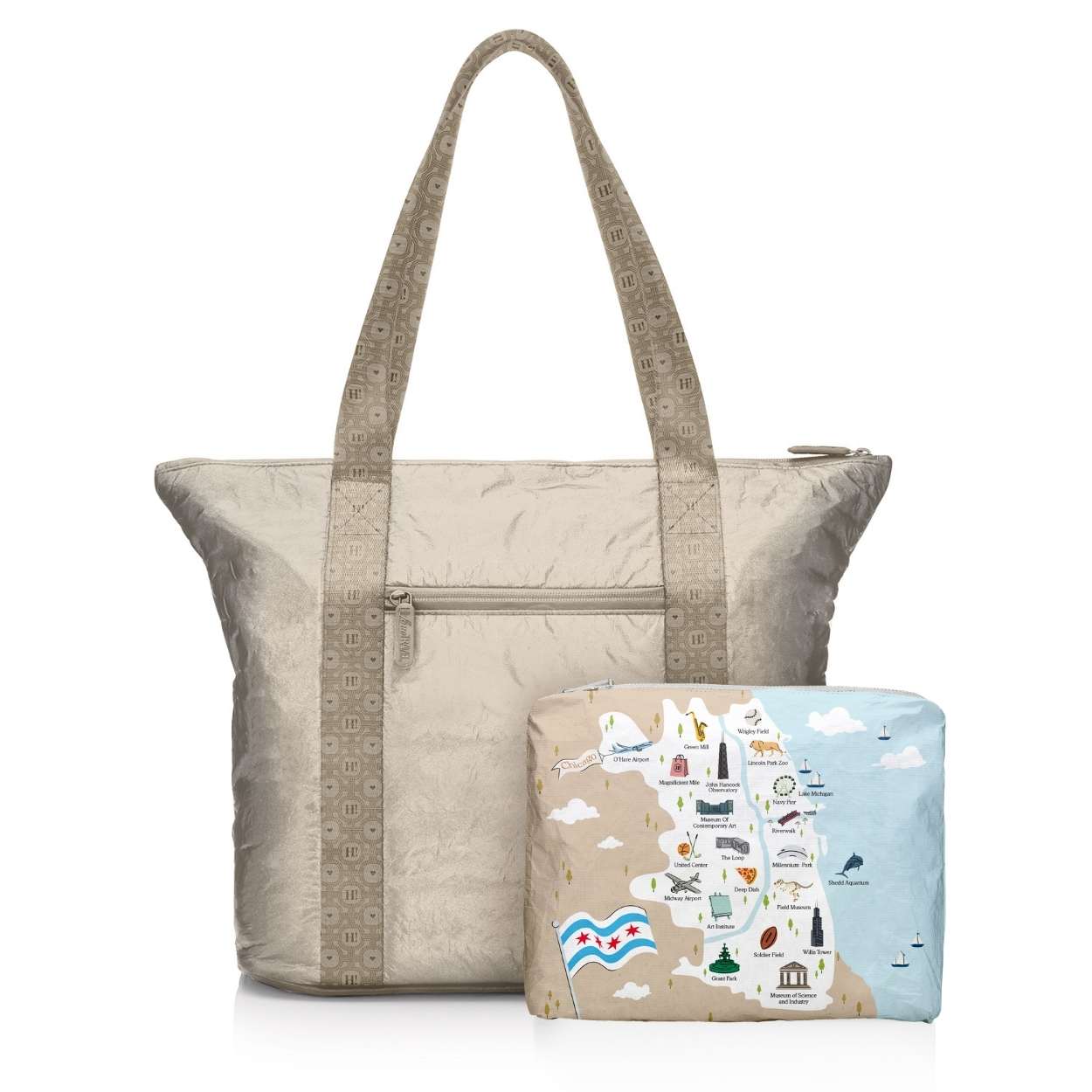 Signature travel tote in beige and Chicago map pouch on white background