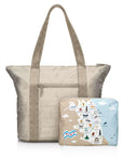 Signature travel tote in beige and Chicago map pouch on white background