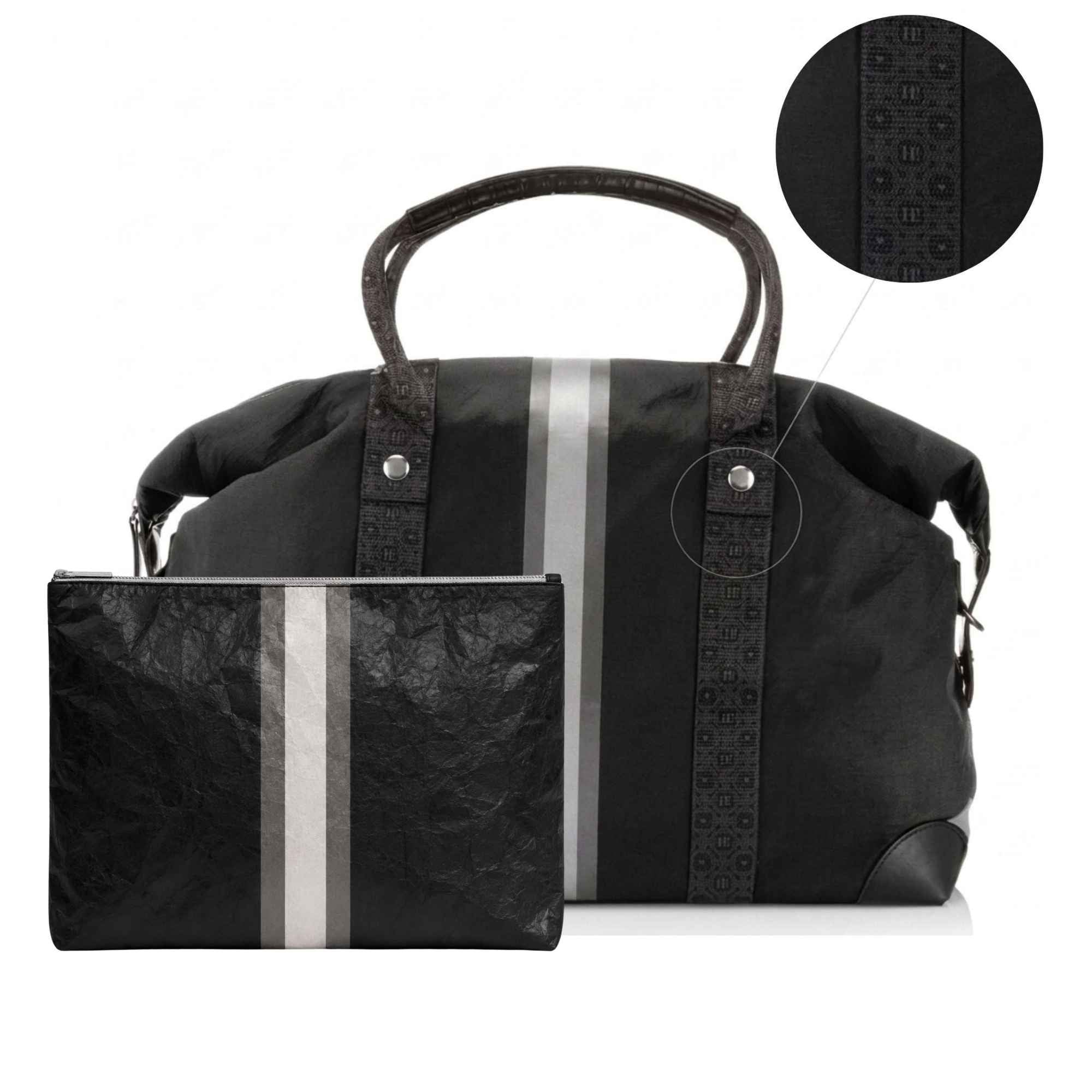 A black travel duffel bag with a matching zippered pouch, both featuring vertical pewter and silver stripes and signature black fabric panels, shown on a white background with a circular detail inset.