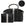 A black travel duffel bag with a matching zippered pouch, both featuring vertical pewter and silver stripes and signature black fabric panels, shown on a white background with a circular detail inset.