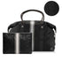 A black travel duffel bag with a matching zippered pouch, both featuring vertical pewter and silver stripes and signature black fabric panels, shown on a white background with a circular detail inset.