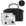 A black duffel bag with signature patterned straps, shown with three matching silver packing cubes featuring black star prints. A circular inset at the top right shows a close-up of the strap hardware and fabric detail.