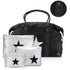 A black duffel bag with signature patterned straps, shown with three matching silver packing cubes featuring black star prints. A circular inset at the top right shows a close-up of the strap hardware and fabric detail.