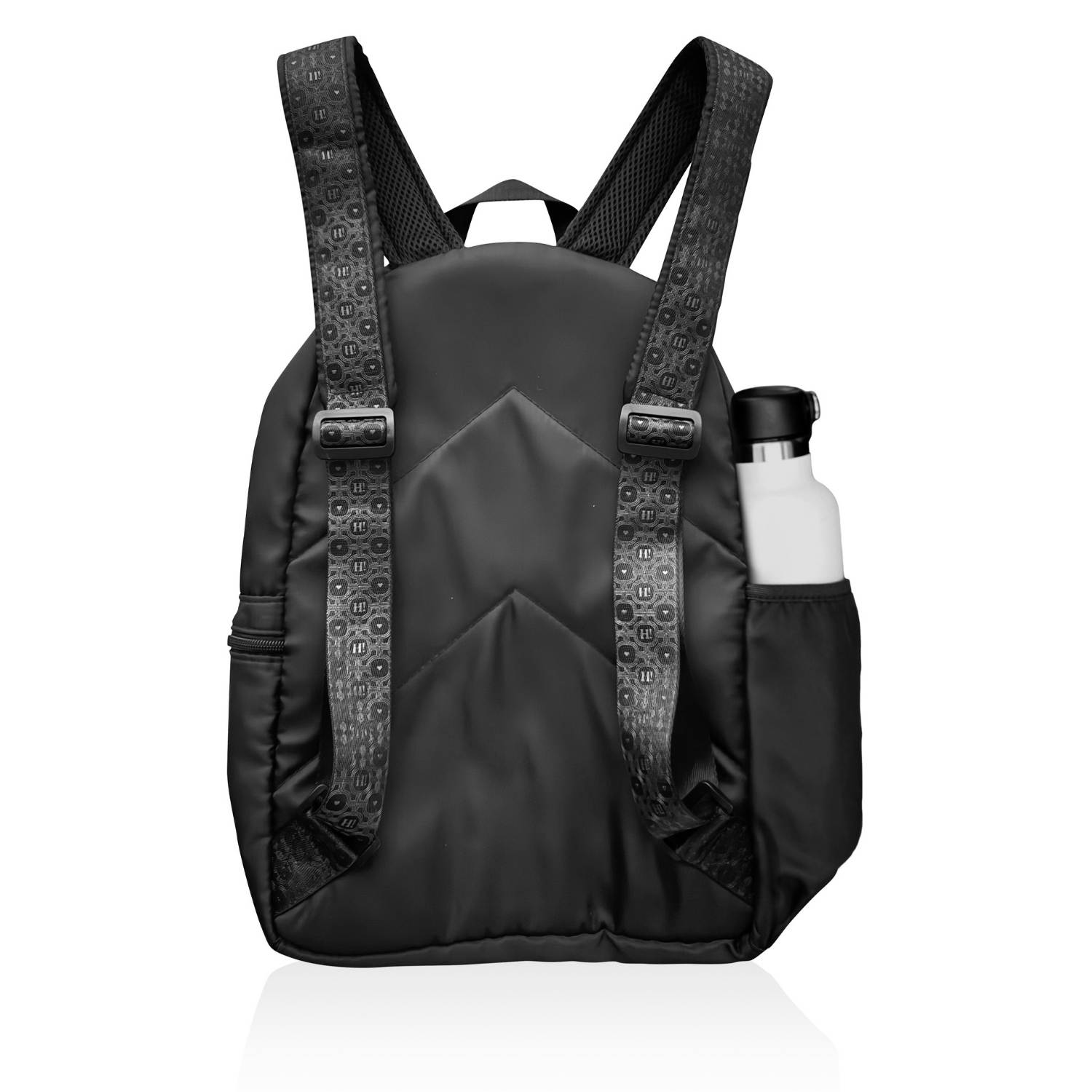 Back view of the black signature backpack showing padded straps and a water bottle in the side pocket.