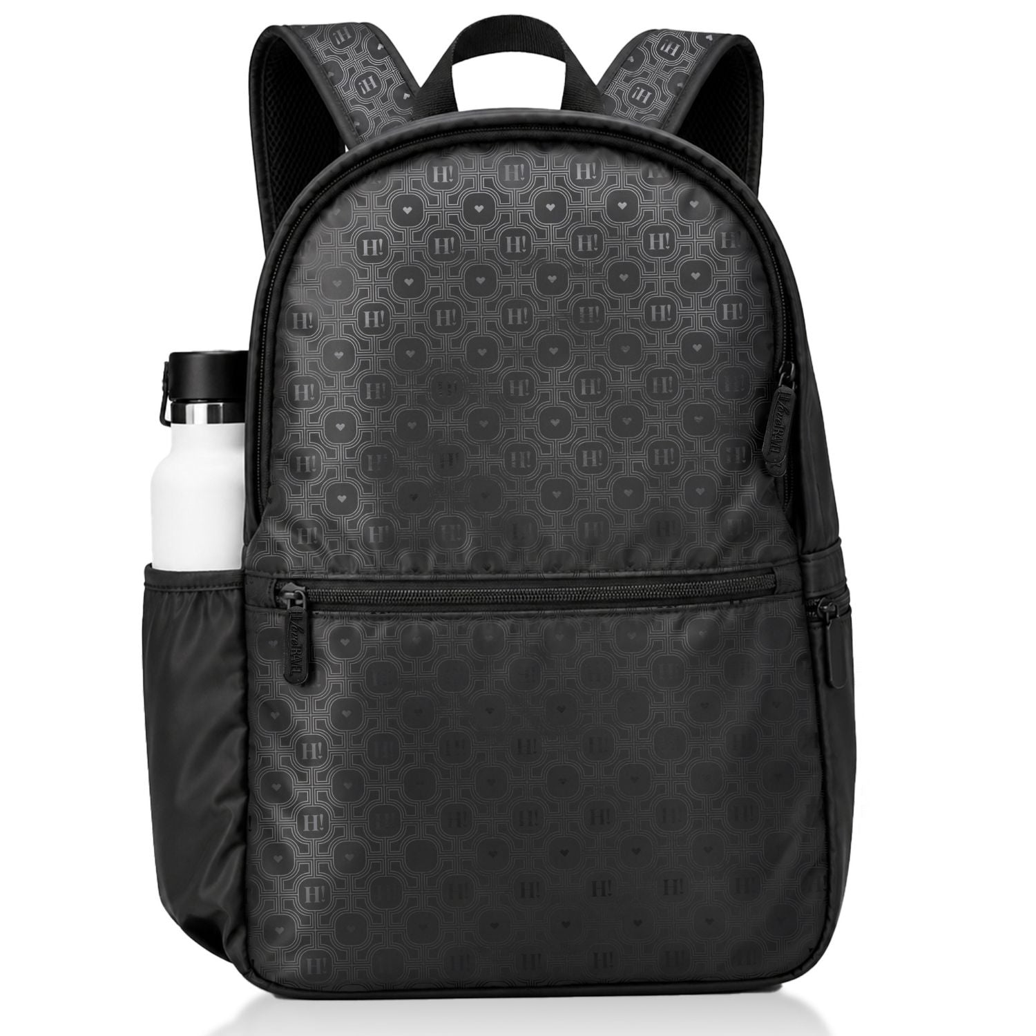 Black Backpack with Signature "Hi" Print in tonal black and water bottle pocket on a white background.