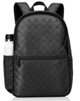 Black Backpack with Signature "Hi" Print in tonal black and water bottle pocket on a white background.