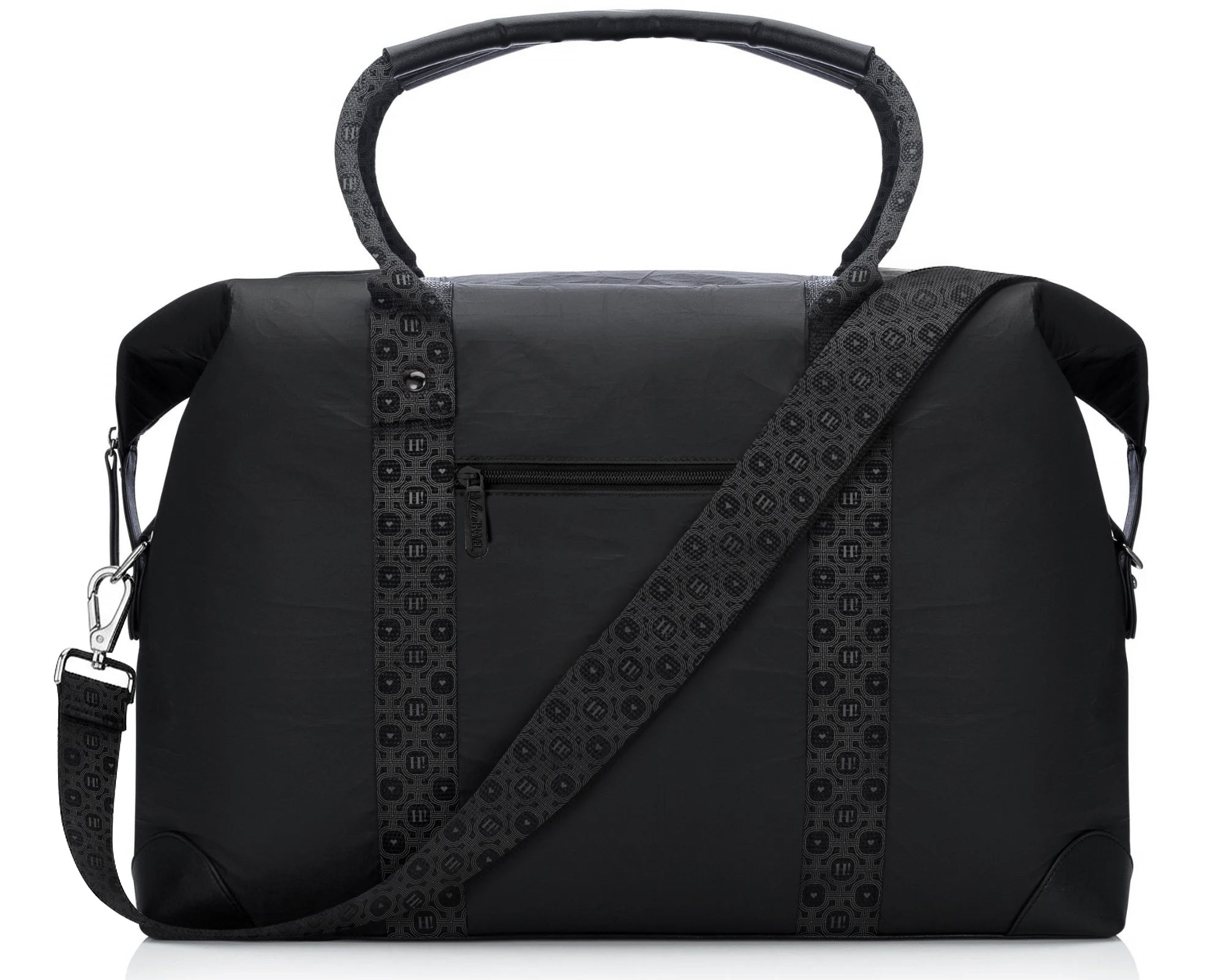 A black duffel bag with a top handle and adjustable shoulder strap, featuring textured "Hi" print pattern trim along the shoulder strap, handles and front panel, shown on a white background.