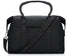 A black duffel bag with a top handle and adjustable shoulder strap, featuring textured "Hi" print pattern trim along the shoulder strap, handles and front panel, shown on a white background.