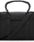 A black duffel bag with a top handle and adjustable shoulder strap, featuring textured "Hi" print pattern trim along the shoulder strap, handles and front panel, shown on a white background.