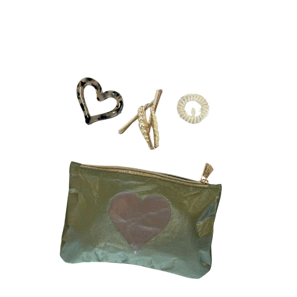 Green pouch with heart design and hair accessories on a white background