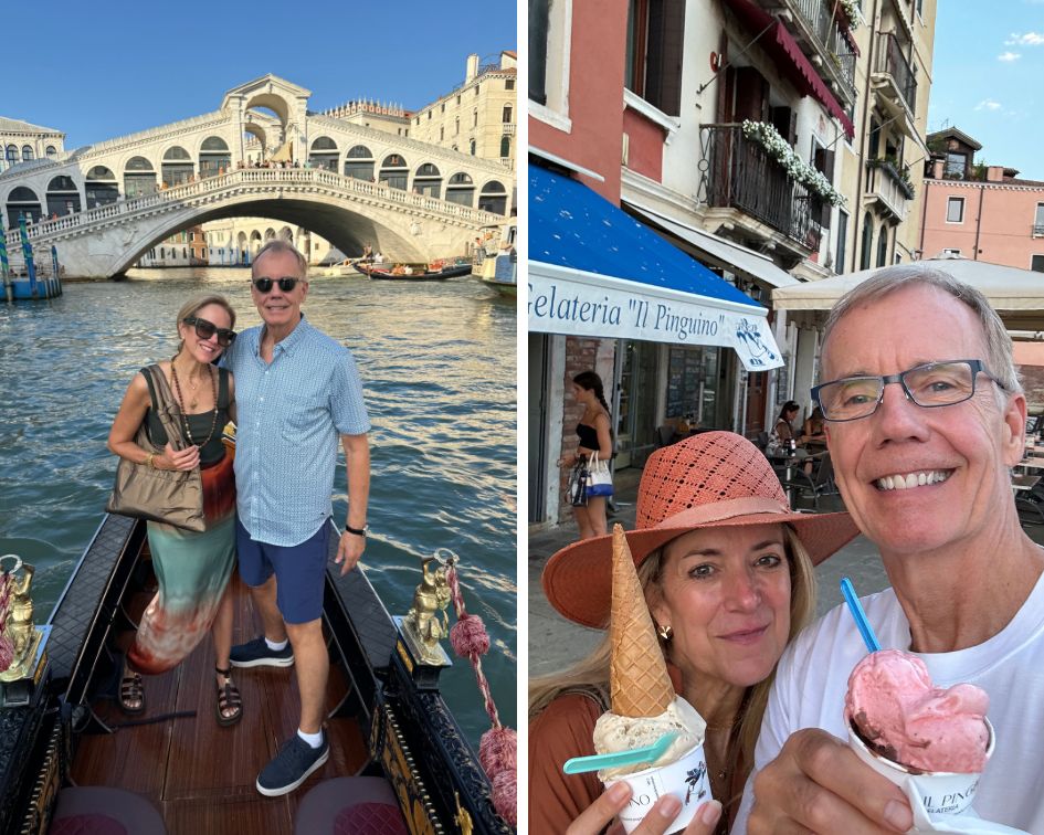 Venice Italy Best gelateria and Rialto Bridge with women wearing a bronze love me knot tote
