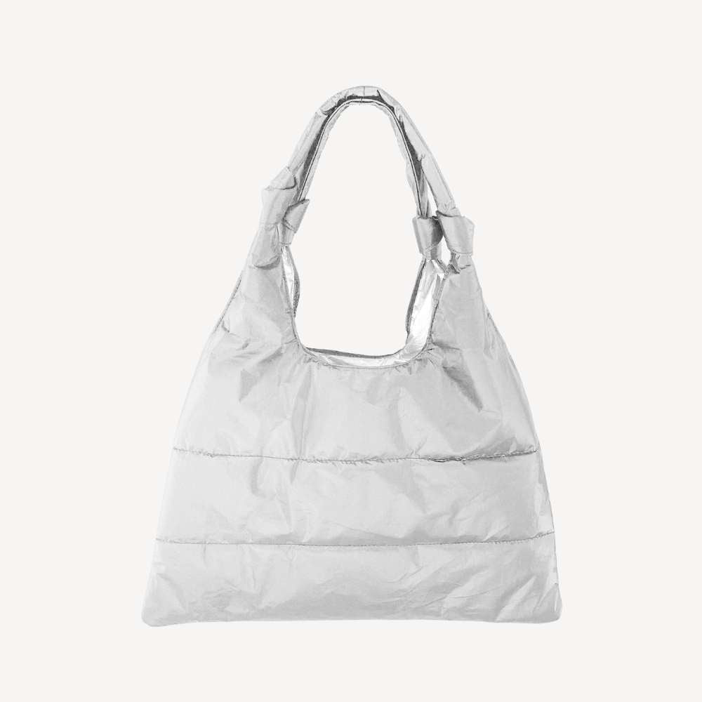 Shimmer white tote bag on a white background