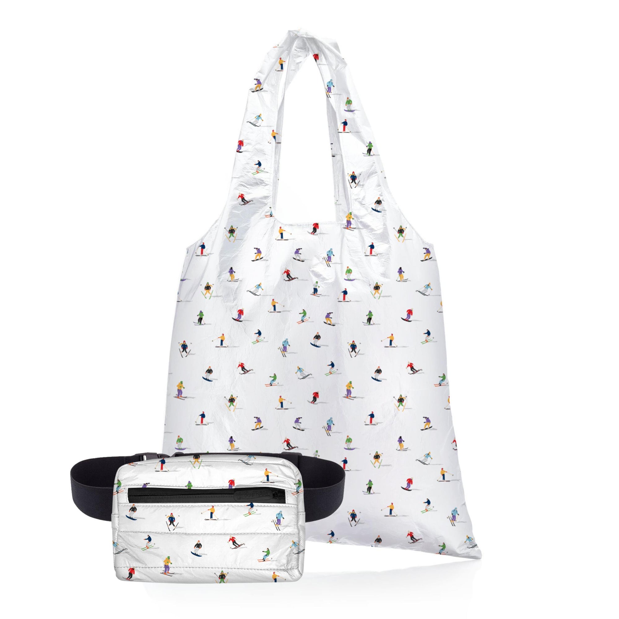 Tote set with carryall tote and puffer fanny pack in dancing skiers pattern