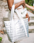 Quilted tote bag large in silver