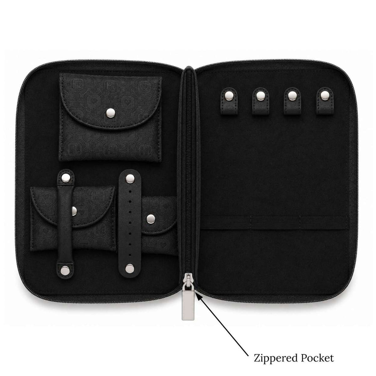 An open black zippered travel jewelry organizer case with multiple interior pockets, shown on a white background with a label pointing to the zipper pocket.