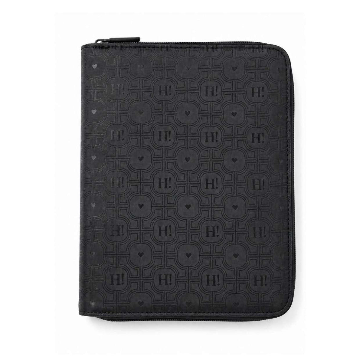 A black zippered travel jewelry organizer case featuring an embossed geometric pattern with repeating 'H!' monograms and small heart details, shown on a plain white background.