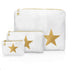 Three white zippered storage pouches in different sizes, each featuring a large metallic gold star on the front and a small gold star charm on the zipper pull, displayed on a clean white background.