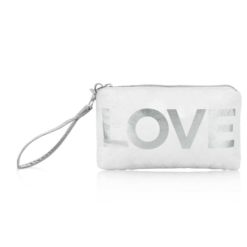 White wristlet with silver 'LOVE' text on a white background