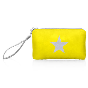 zip wristlet in lemon yellow with silver star