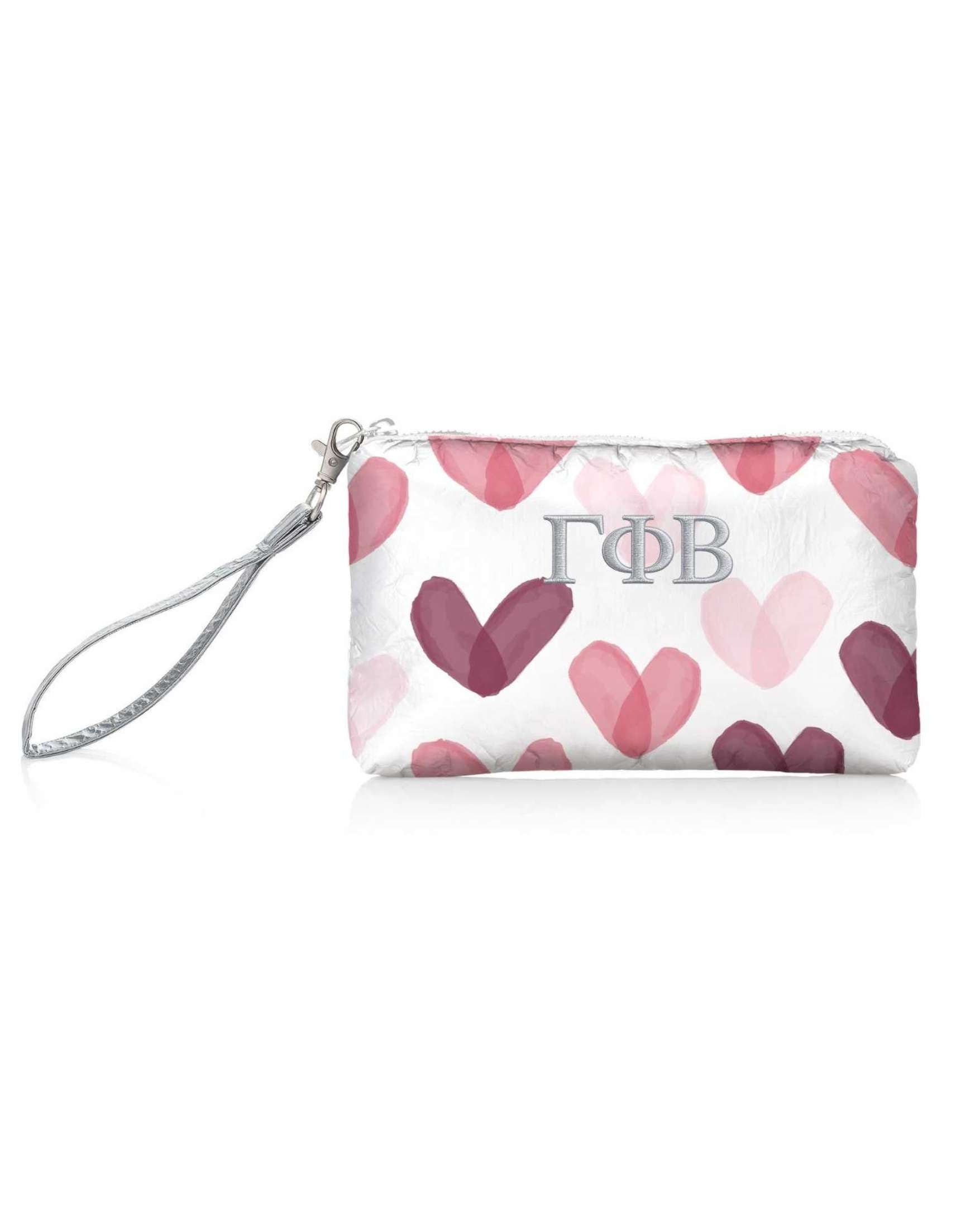 Wristlet with pink heart pattern and 'Gamma Phi Beta' greek letters on a white background