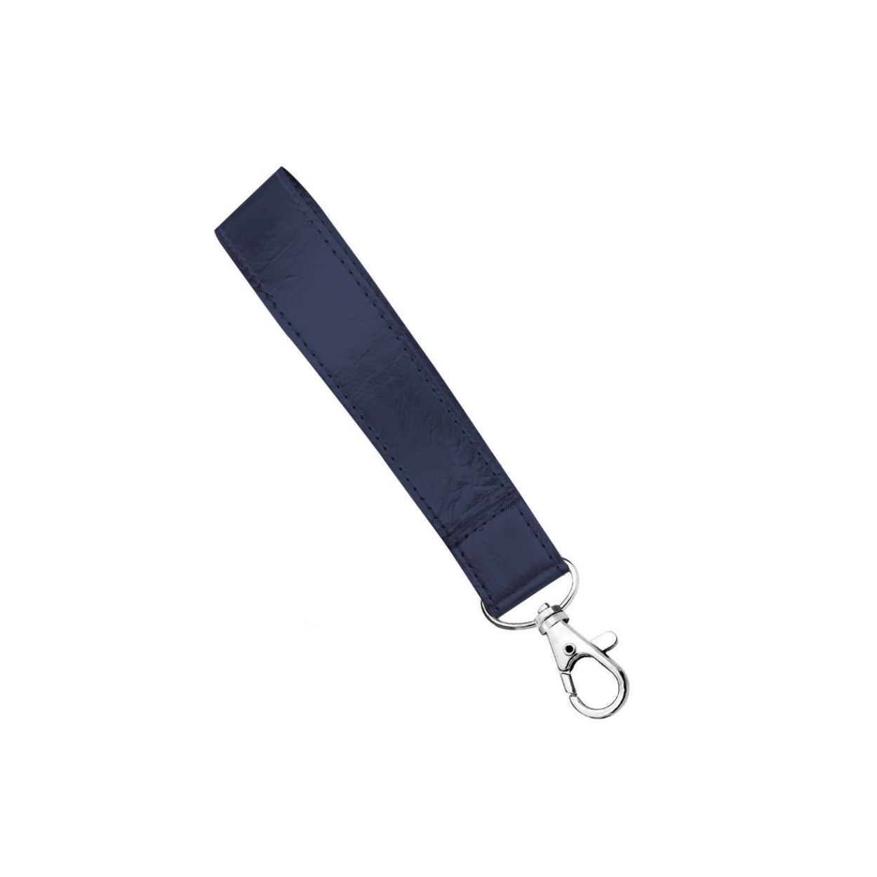 A navy blue faux leather wristlet strap with a silver-tone lobster clasp, shown on a plain white background.