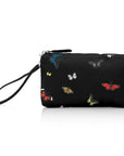 Black pouch with colorful butterfly designs on a white background