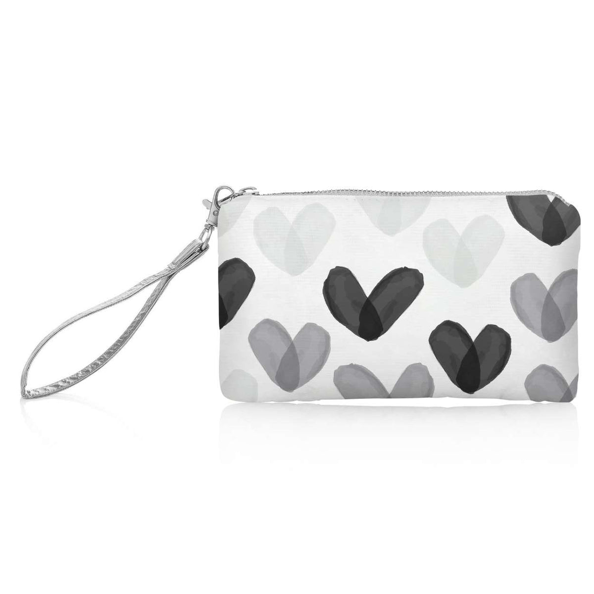 A white zipper pouch with a wristlet strap, decorated with a pattern of hand-drawn watercolor hearts in black, gray, and light gray, shown on a white background.