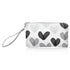 A white zipper pouch with a wristlet strap, decorated with a pattern of hand-drawn watercolor hearts in black, gray, and light gray, shown on a white background.