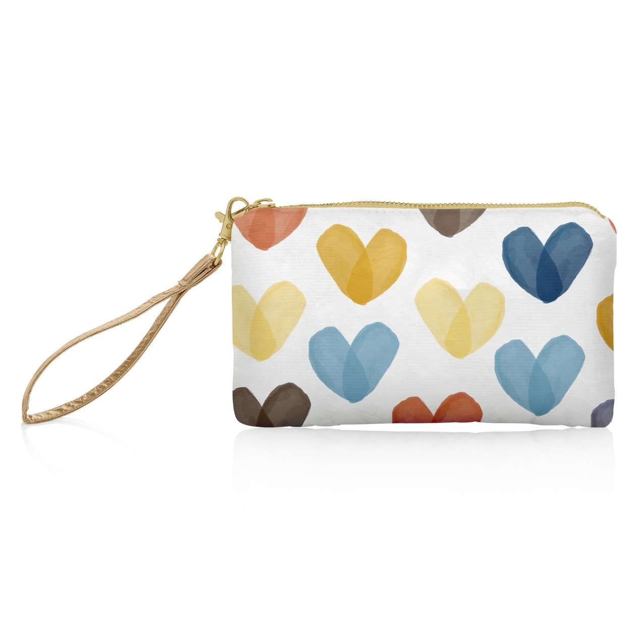Small Pouch with colorful blue yellow heart print on white background