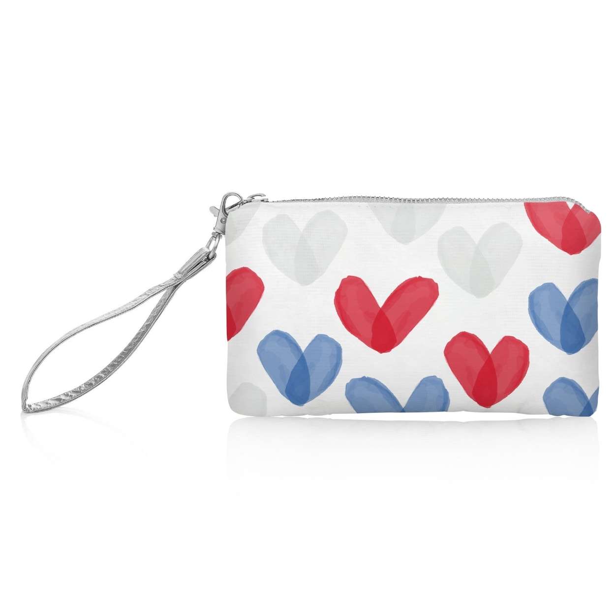 Zip Wristlet Language of Love Red White Blue Heart Print on White Background