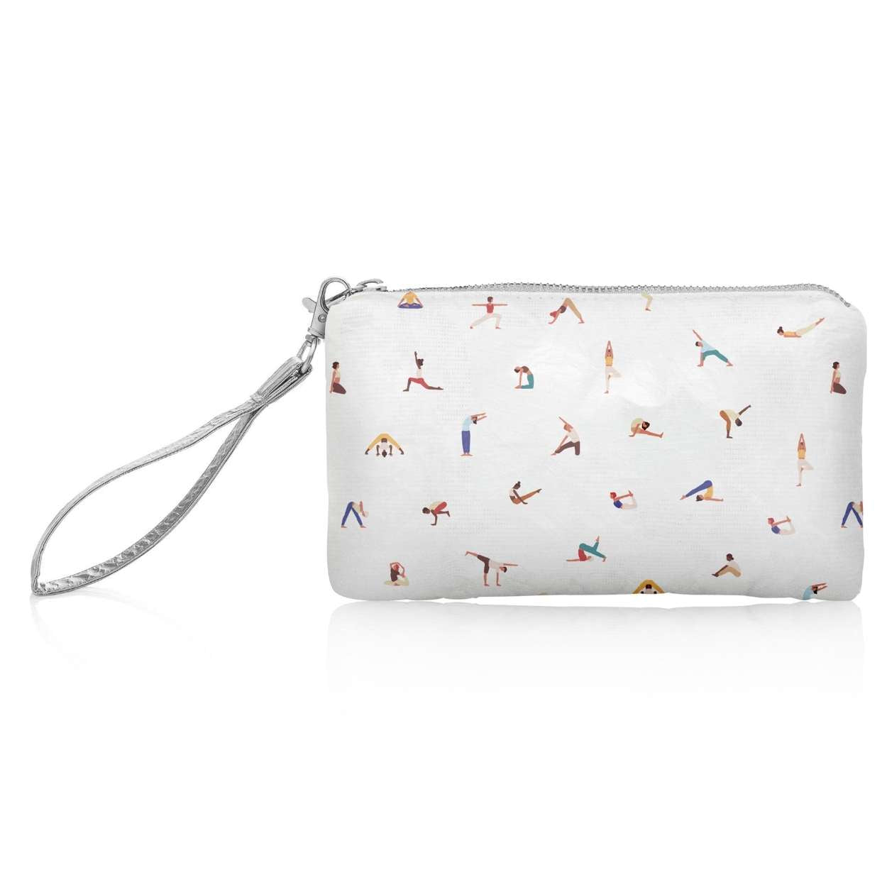 Zip wristlet with namaste yoga pattern on white background